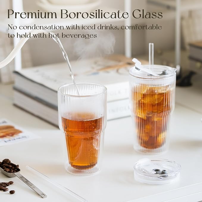 KEMORELA 16oz Ribbed Glass tumbler with Lids and Straws 2pcs,Double Wall Iced Coffee Cups with Lids,Coffee Bar Accessories, Insulated Borosilicate Glass Tumblers, To Go Coffee Cups, Spill proof
