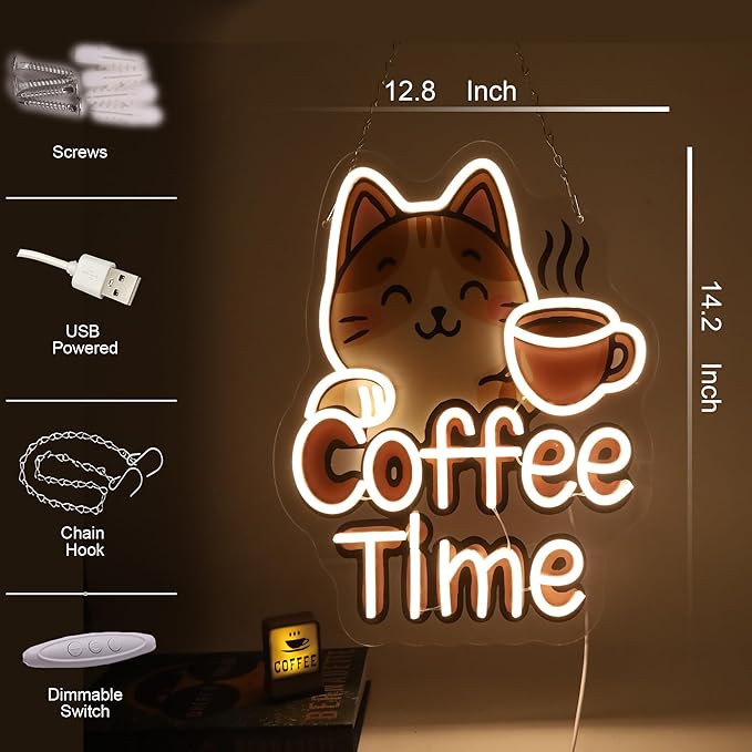 Coffee Neon Sign - "Coffee Time" Cute LED Light for Kitchen, Dining Room, Office - Fun and Cute Decoration for Your Place 13.9" X14.2"
