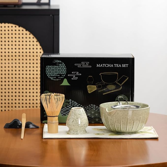 Matcha Whisk Set - 7PCS matcha kit ，Matcha Bowl with Spout, Bamboo Whisk with Ceramic Holder, Macha Scoop and Sifter, Matcha Kit for Ceremony, Gift for Matcha Lovers Green matcha set
