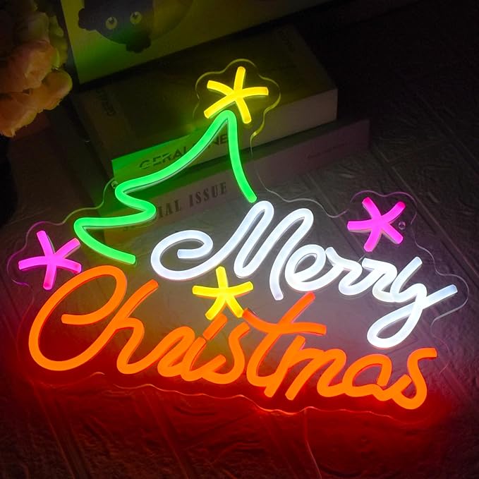 Merry Christmas Neon Sign for Wall Decor, Christmas Tree Neon Light USB Dimmable Colorful Neon Signs for for Bedroom, Home Bar, Party Decorations Teens Family Gifts