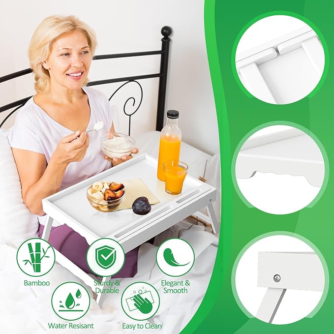 Artmeer Bed Tray Table with Folding Legs, Bamboo Breakfast Food Tray with Media Slot, Use As Platter, Laptop Desk, Snack, TV Tray Kitchen Serving Tray (White Large)