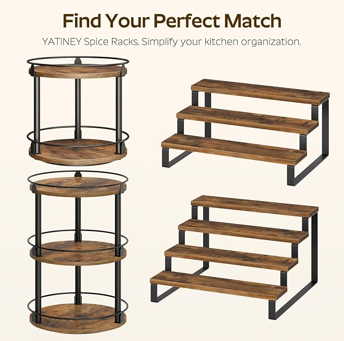 YATINEY Spice Rack, 4 Tier Wooden Display Riser Stand, Kitchen Storage Organizer for Spices, Versatile Display Shelf, Space Saving, for Kitchen Countertop and Cabinet, Rustic Brown SR04L2BR - Image 8
