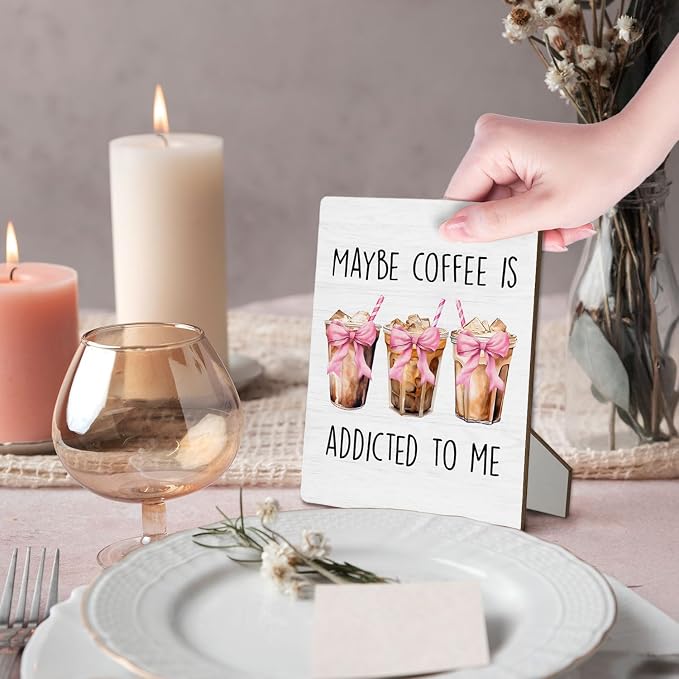 Coffee Bar Sign, Coquette Pink Bow Coffee Wooden Stand Sign 5"X7", Ice Espresso Signs Decorations for Cafe Coffees Station Shop Home Kitchen Table Desk Decor(5x7 Inch) - Image 3