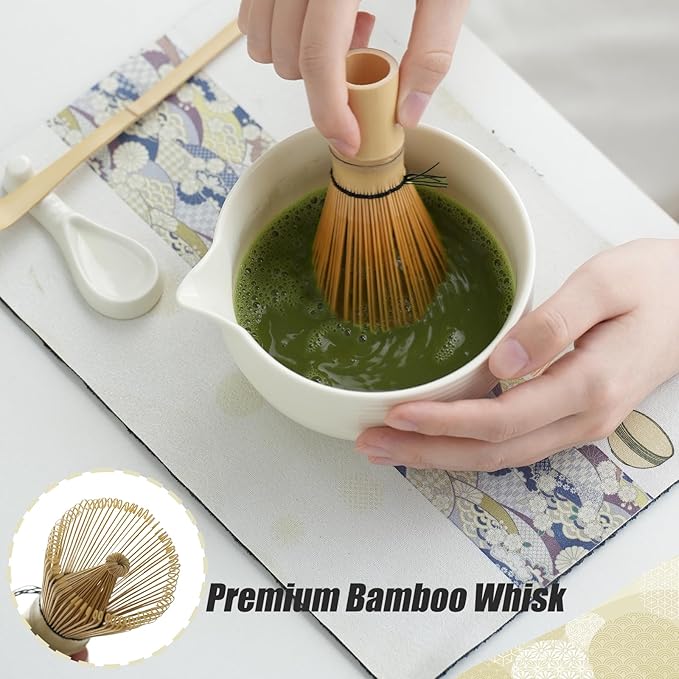 Clay&Fire Matcha Whisk Set, Ceramic Matcha Set, Matcha Bowl with Spout and Whisk,9 pcs Matcha Tea Kit for Matcha Lovers, Ideal Gift Christmas, Birthday（Beige）