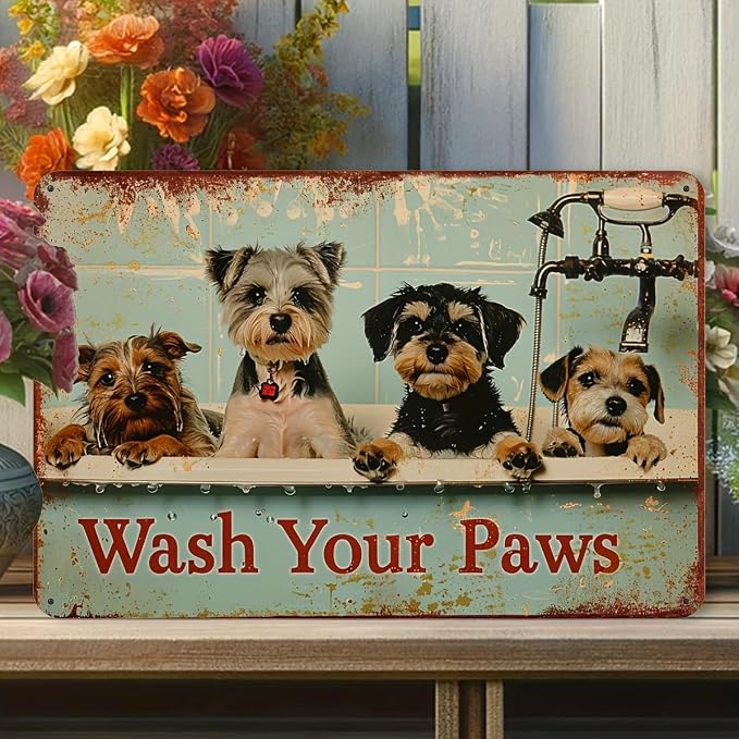 Vintage Metal Tin Sign "Wash Your Paws" - Rustic Dog Themed Artwork, Iron Wall Decor for Home, Gym, Cafe, Garage, Bathroom - Pet-Friendly Decorative Sign, 12x8 Inches by Unknown