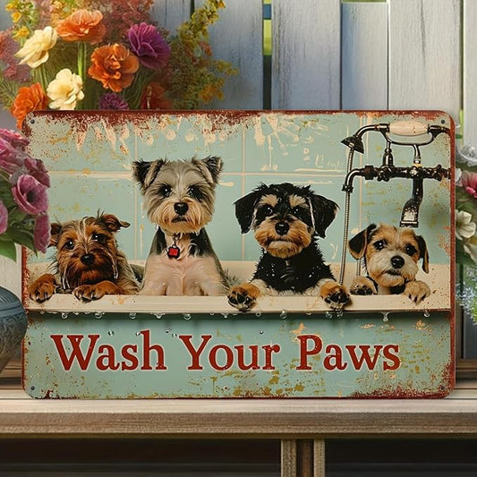 Vintage Metal Tin Sign "Wash Your Paws" - Rustic Dog Themed Artwork, Iron Wall Decor for Home, Gym, Cafe, Garage, Bathroom - Pet-Friendly Decorative Sign, 12x8 Inches by Unknown