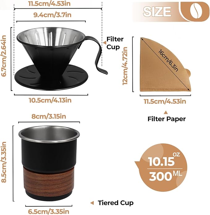 Pour Over Coffee Maker 300ml Portable Cup 304 Thickened Stainless Steel Drip Coffeemaker Set with 50pcs V60 Cone Paper Filters Hand Brew Dripper Carafe for Home Camping Travel 10.2oz Black