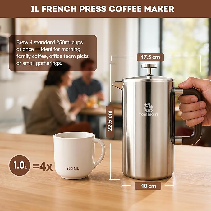 1L/34 Oz French Press Coffee Maker,304 Stainless Steel Coffee Press,Durable & Easy Clean,Leak-Proof Design,Prensa Francesa Para Cafe for Home,Office,Camping (Silver-Upgrade)