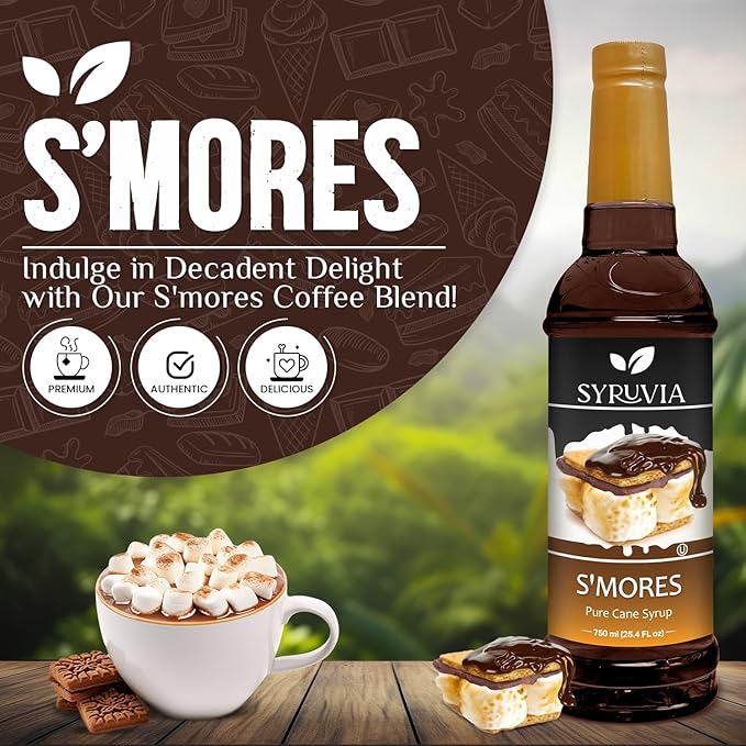 Syruvia Coffee Syrup, S'mores Flavored Syrup for Drinks, Lattes, and Desserts – 25.4 fl oz, With Pump