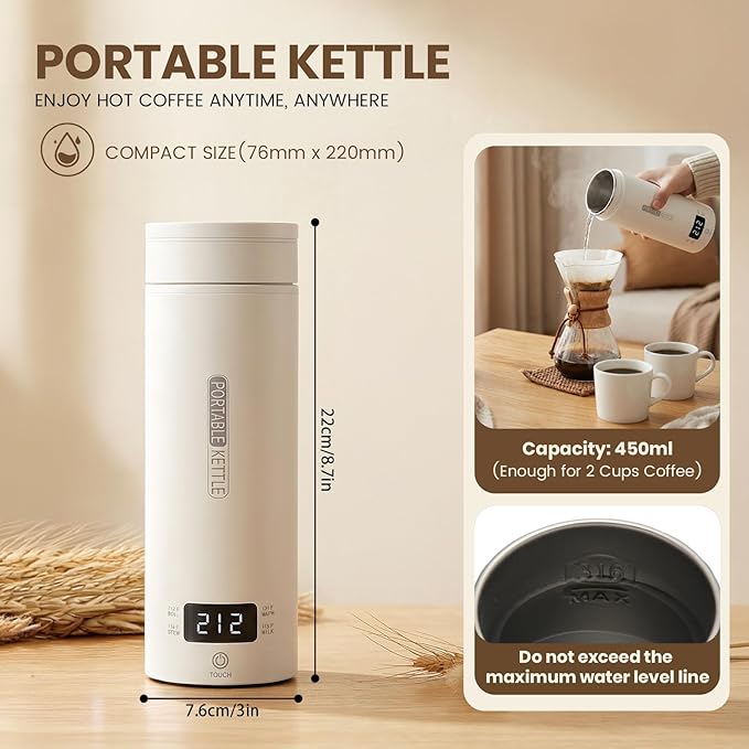 Travel Tea Kettle（110V）, Portable Electric Kettle, 316 Stainless Steel Premium Liner, 4-speed Temperature Adjustment with Auto Shut-off and Boil-Off Protection,White.