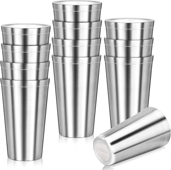 Stainless Steel Cups, 16 oz Insulated Tumbler, 12 Pack Double Wall Unbreakable Stackable Water Tumblers Insulated Metal Cup Premium Drinking Glasses for Travel Camping Home Outdoor