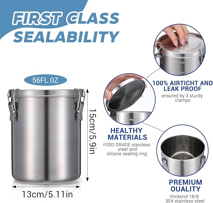Stainless Steel Coffee Canister for Ground Coffee | 100% Airtight Metal Food Storage Container with Lid Sealed - Keep CoffeeS Beans, Sugar, Tea Fresh for Months (56 fl oz)