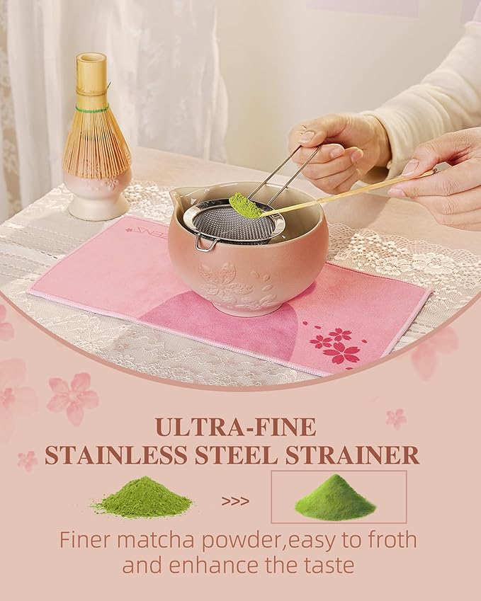 ZENS Matcha Whisk Set, 6pcs Matcha Kit Set with Matcha Bowl, Bamboo Whisk & Scoop, Chasen Holder, 304 Stainless Steel Sifter, Tea Mat for Japanese Tea Ceremony- Pale Pink