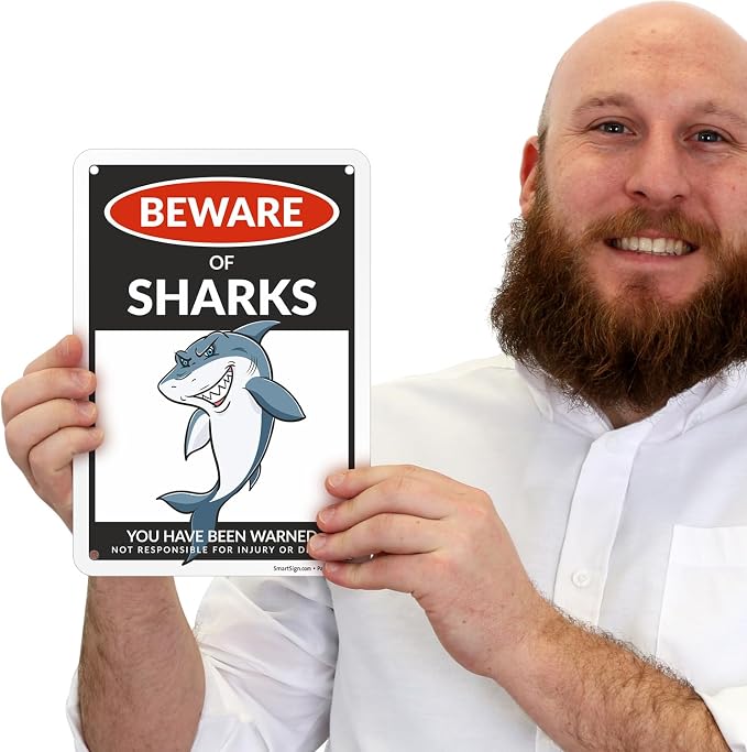 SmartSign Funny Beware Of Sharks Warning Sign - 10"x7", 40 mil Laminated Rust-free Aluminum - Metal Signs for Boys Room Wall Decor, Outdoors, Patio, Gifts, Cafe - Sharks Theme, Made in USA - Image 2