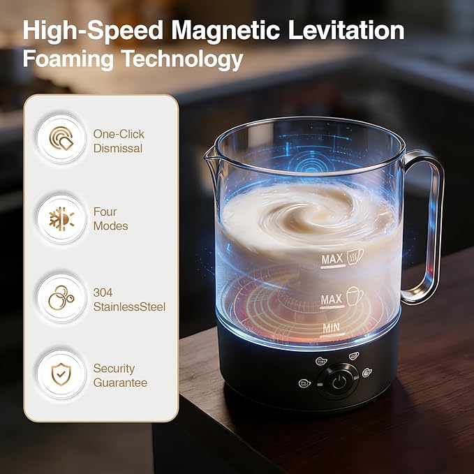 Milk Frother, 4-in-1 Electric Milk Steamer(10oz/300ml)，Automatic Hot and Cold Foam Maker for Iced Coffee, Lattes, Cappuccinos & Macchiatos, Non-Stick Interior, Black.
