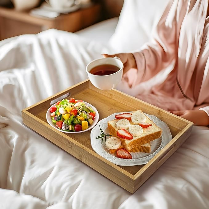 MAONAME Bamboo Serving Tray with Handles, Rectangular Decorative Tray for Coffee Table, Modern Ottoman Trays for Living Room, Kitchen, 15.8” x 11.4” x 1.8”