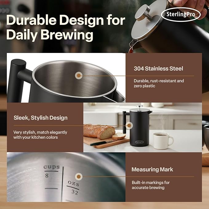 Stainless Steel French Press Coffee Maker 1.75 L (59 oz) Black – Double Walled Insulated Extra Large French Press, Durable Design Keeps Drinks Hot, Easy to Use and Clean for Rich Flavor