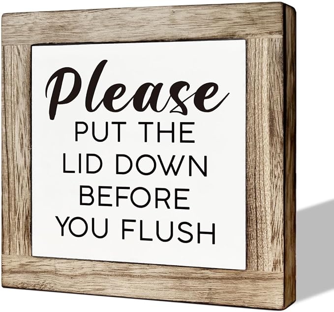 Rustic Pine Wooden Box Sign, 5.9x5.9x0.7in, Home Decor, Words & Quotes, Tabletop Mount, Please Put The Lid Down Before You Flush by MLTEye