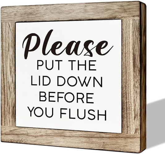 Rustic Pine Wooden Box Sign, 5.9x5.9x0.7in, Home Decor, Words & Quotes, Tabletop Mount, Please Put The Lid Down Before You Flush by MLTEye