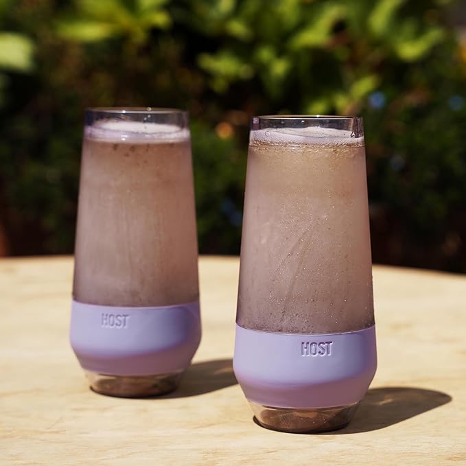 Host Champagne FREEZE Double-Walled Stemless Wine Glass for Sparkling Wine, Glasses Drinking Set Cooling Cups, 9 Oz Plastic Colored Glassware, Deep Lilac Purple Set of 2