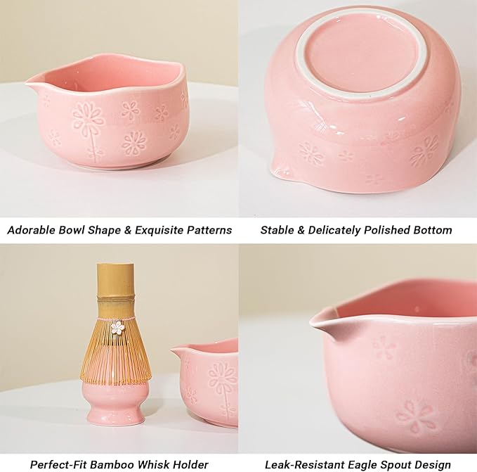 8 Pcs Matcha Set - Flower-shaped Matcha Bowl | Handcrafted Whisk and Holder | Bamboo Scoop and Spoon | Scoop Rest | Sifter and Tea Towel - Pink Matcha Set with Cherry Blossom Carved Patterns