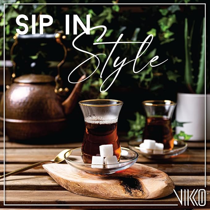 Vikko Turkish Tea Glasses & Saucers, Set, 6 Cups and 6 Plates, 5.5 Oz Tea Cups, Turkish Glass Tea Set For Six, Clear Glass Tea Cups And Saucers, Gold Accented