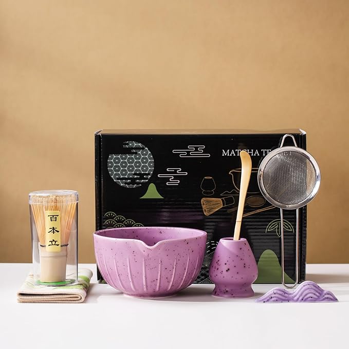 7Pcs Japanese Matcha Tea Set, Matcha Kit with Matcha Bowl (with Pouring Spout), Matcha Whisk, Whisk Holder, Strainer - Elegant Matcha Set for Gifting and Personal Use, Gift Box Packaging (Purple;)