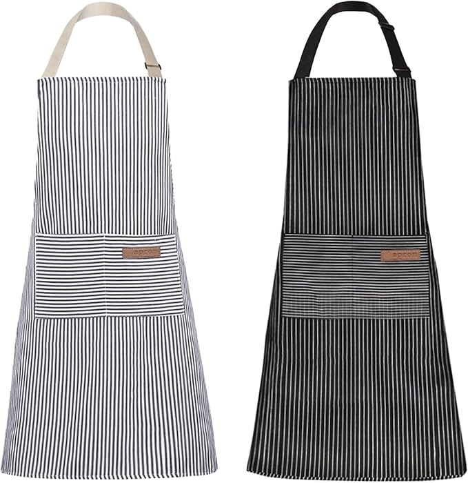 Tosewever 2 Pieces Kitchen Cooking Aprons, Cotton Polyester Blend Adjustable Bib Aprons with 2 Pockets for Women Men Chef Chef (Navy/Black Stripes, 2) by Tosewever