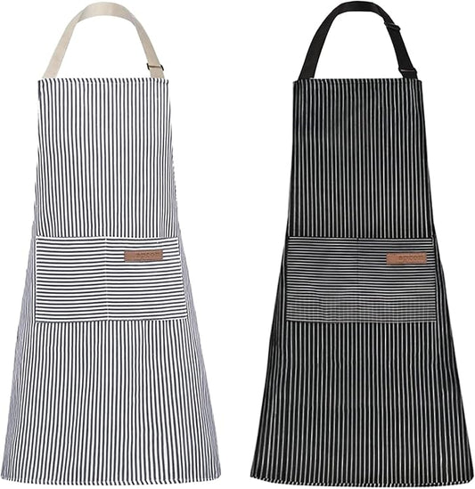 Tosewever 2 Pieces Kitchen Cooking Aprons, Cotton Polyester Blend Adjustable Bib Aprons with 2 Pockets for Women Men Chef Chef (Navy/Black Stripes, 2) by Tosewever