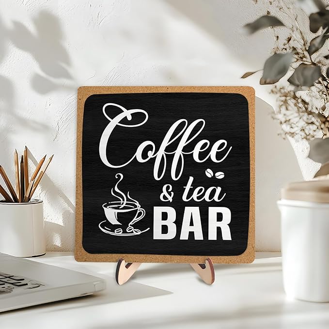 Coffee Bar Sign Plaque Decor,Cafe Station Accessorie for Office,Rustic Wooden Tabletop Plaque with Stand, Minimalist Farmhouse Kitchen Counter Sign ,Cute Mini Café Bar Decor Gift ,Coffee & Tea Bar Decor Signs 5.9x5.9Inch (Black&Grown)