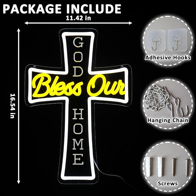 God Bless Our Home Neon Sign for Wall Decor Dimmable Jesus Cross Led Sign for Christian Home Neon Light for Church Party Christams Decoration Prayer Room Religious Gift