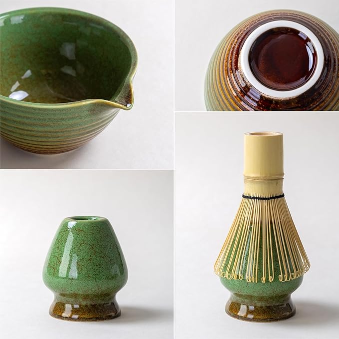 Traditional Matcha Tea Ceremony Set with Ceramic Bowl, Bamboo Whisk, Stand and Strainer, 5-Piece (green)
