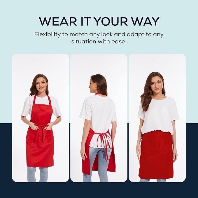 Will Well Kitchen 2 Pack Bib Apron For Men & Women with 2 Pockets - Red | Unisex 33'' x 27'' Oil & Water Resistant Soft Kitchen Chef Apron with Adjustable Neck Strap & 38'' Waist Ties for Snug Fit - Image 5