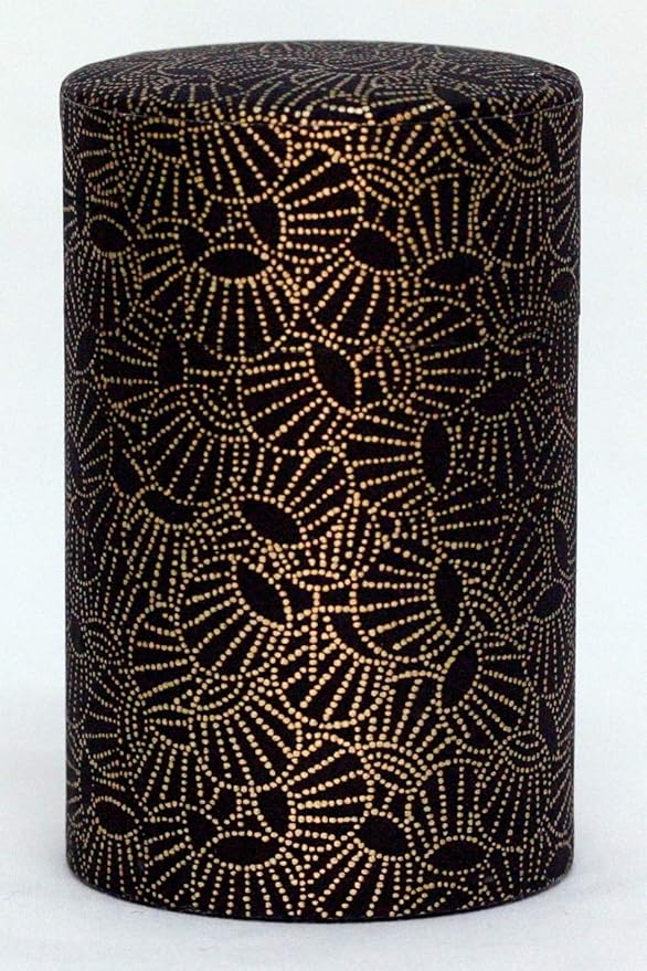 Washi Paper Tea Tin Canister: Long 3.5oz (100g) Golden Uchiwa Fans (#68), Japan