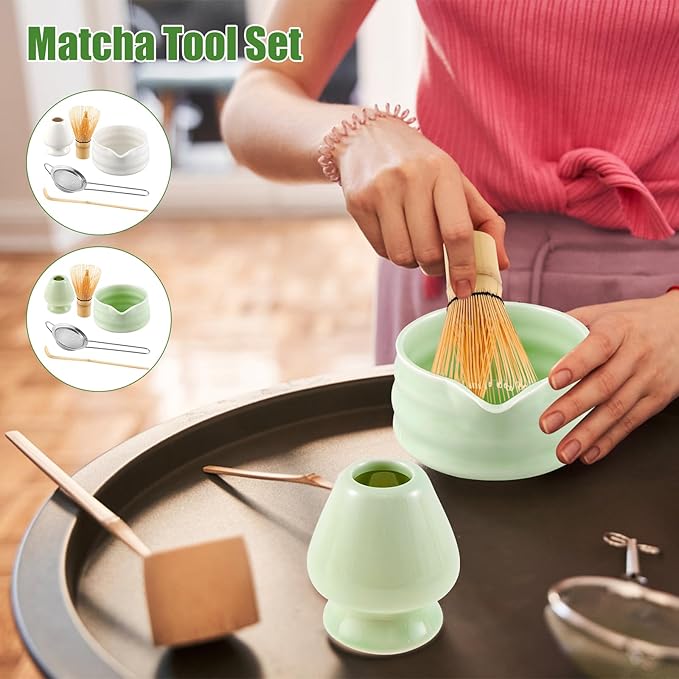 Matcha Whisk Set, 5 Pcs Matcha Set Whisk and Bowl with Spout, Matcha Whisk Holder, Matcha Spoon, Stainless Sifter, Perfect Matcha Kit for Matcha Lover (White)