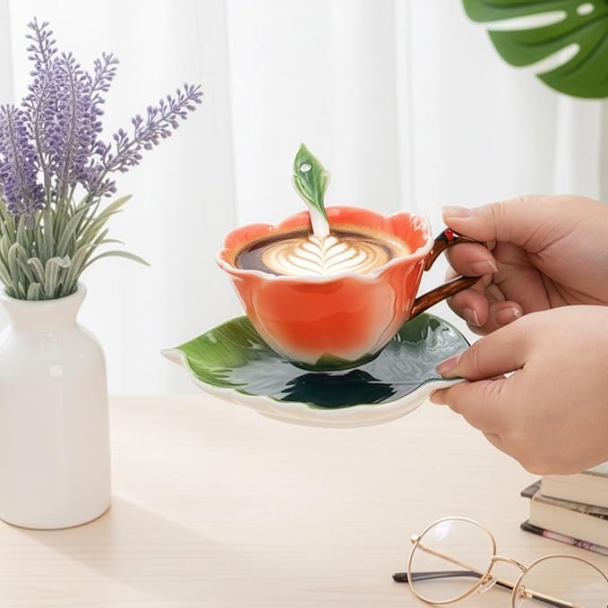 Flower Tea Cup and Saucer, 6 Oz Ceramic Coffee Mug with Spoon, 3D Handmade Vintage Drinking Cups, 3 Pieces Orange Teaware Mug for Women, Mother's Day Birthday Gift Party (Floral and Leaf)