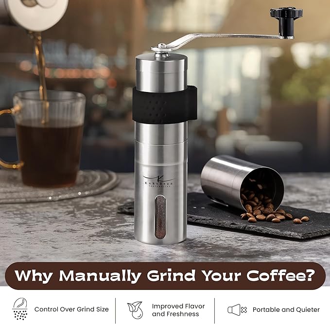 Manual Coffee Grinder - 18 Adjustable Settings, Stainless Steel Conical Burr Coffee Bean Grinder, Portable, Durable & Travel Friendly - With Silicone Sleeve by KOKOBEAN