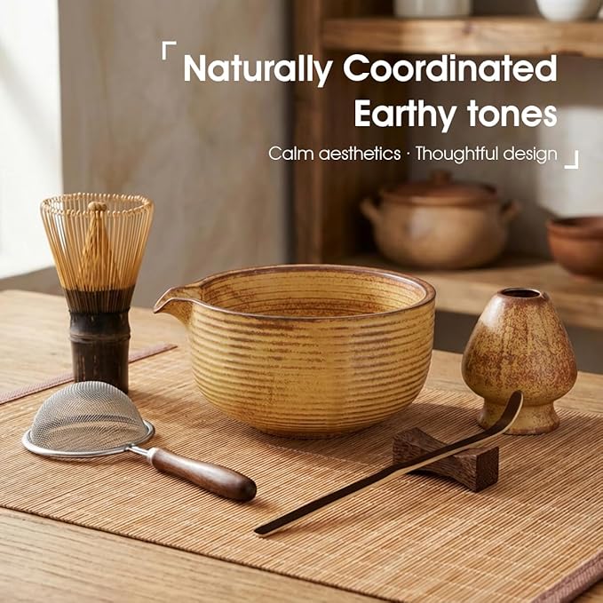 Matcha Whisk Set, 7-Piece Matcha Kit with Ceramic Matcha Bowl, Bamboo Whisk, Scoop & Sifter - Complete Matcha Tea Set Perfect for Beginners & Matcha Lovers (Mottled Yellow)