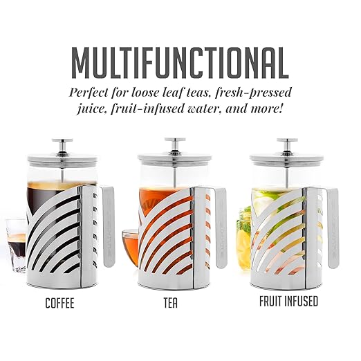 OVENTE French Press Coffee Maker 27 Ounce with Heat Resistant Borosilicate Glass, Stainless Steel Design and 4-Level Filter System, Portable Cold Brewer Pot for Travel, Camping or Gift, Silver FSD27P