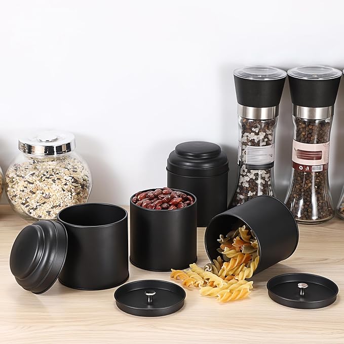 JUXYES 6 Pack Tea Tins Canister with Airtight Double Lids, 8 fl oz Loose Leaf Tea Storage Airtight Kitchen Canisters Tins Can Box for Storage Loose Tea Coffee Herbs and Spices, Black