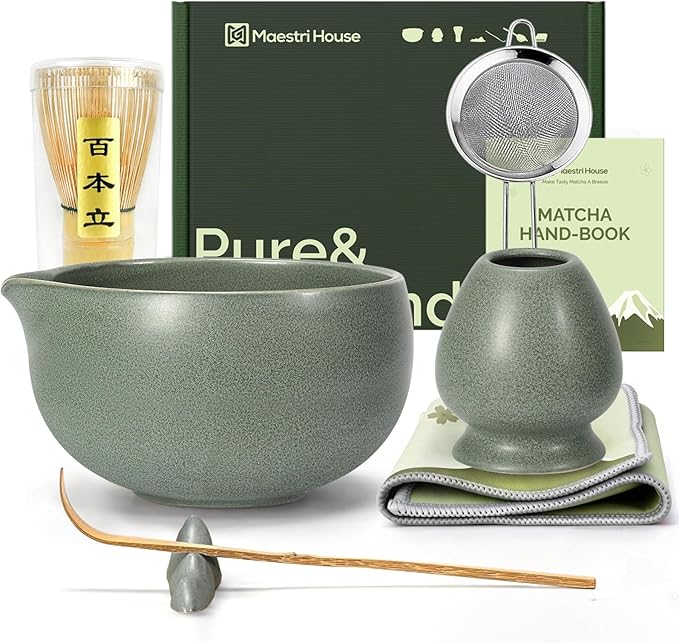 Maestri House Matcha Whisk Set, 7-Pc Complete Matcha Kit with Spouted Ceramic Bowl, Bamboo Whisk and Holder, Scoop, Spoon Rest & Sifter, Tea Cloth – Ideal Gift for Matcha Lovers (Moss-Green)