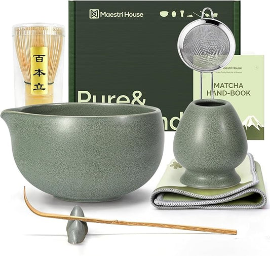 Maestri House Matcha Whisk Set, 7-Pc Complete Matcha Kit with Spouted Ceramic Bowl, Bamboo Whisk and Holder, Scoop, Spoon Rest & Sifter, Tea Cloth – Ideal Gift for Matcha Lovers (Moss-Green)