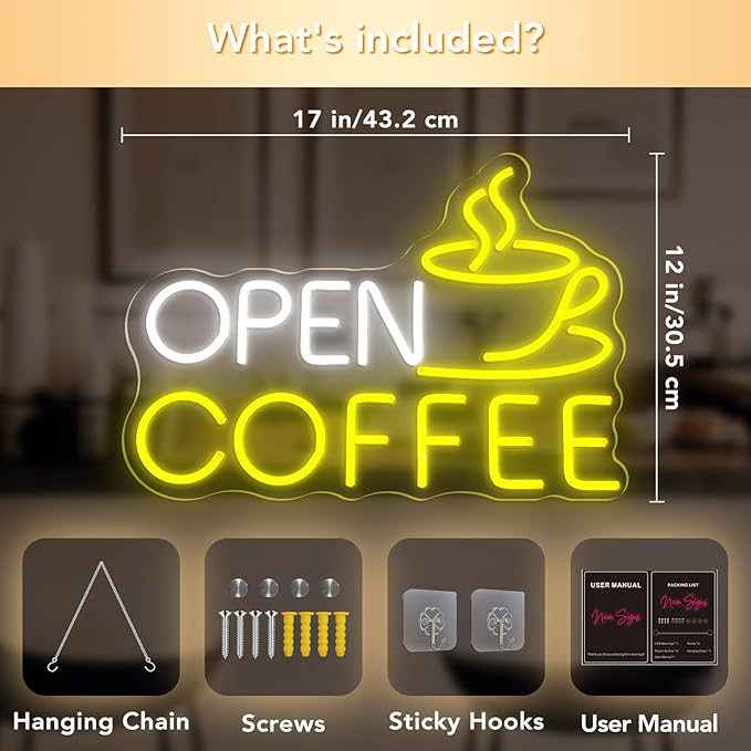 Open Coffee LED Neon Sign for Shops, Home Coffee Bar Essential, Espresso Stations, Front Window, Nook Decors,10-Level Brightness Adjustable, Neon Light Sign 17Inch,Warm White and Yellow for Mother's Day Décor Gifts