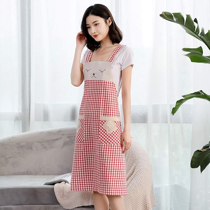 NEWGEM 100% Cotton Cute Plaid Apron with Pockets - Korean Style H-Back Cat Pinafore for Gardening, Farmhouse Kitchen (Red/White Cat) - Image 3