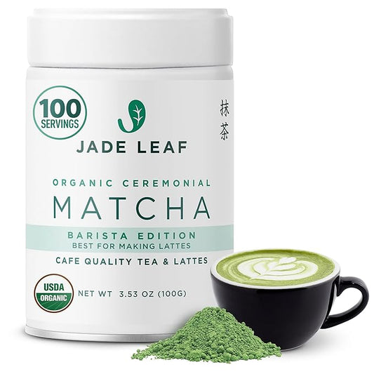 Jade Leaf Matcha Organic Ceremonial Grade Matcha Green Tea Powder - Barista Blend - 100% Pure Japanese First Harvest Green Tea for Lattes from Uji and Kagoshima, 100g / 3.53 Ounce (Pack of 1)