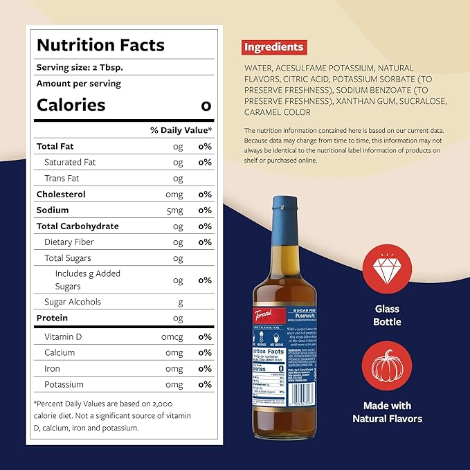 Torani Sugar Free Coffee Syrup, Pumpkin Pie Flavored Syrup for Drinks, Zero Calorie, Glass Bottle with Pump Included, 25.4 Fl Oz
