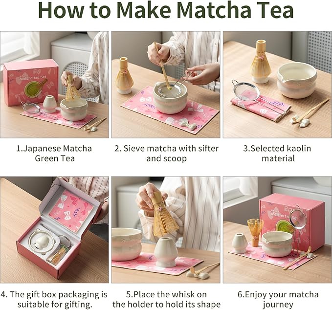 Matcha Kit 7-Pcs matcha whisk set, Measuring Spoon, Japanese Tea Making Tools,Cha, tea bowl, pink matcha set (grey)