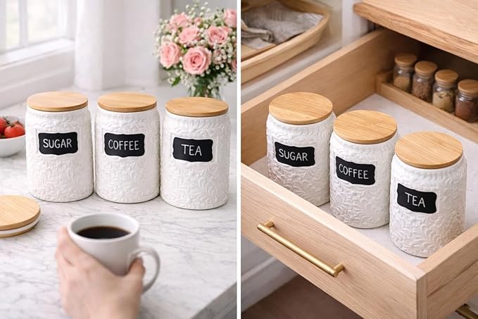 Ceramic Canister for the Kitchen (94oz/2779ml) – Airtight Kitchen Counter Storage with Bamboo Lids, Decorative Flour Sugar Coffee Jars for Pantry & Home