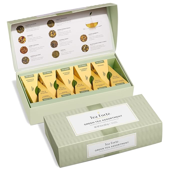 Tea Forte Premium Petite Presentation Box Gift Set Sampler, 10 Count, 2 of Each Blend Individually Wrapped Handcrafted Pyramid Infuser Bags, Green Variety