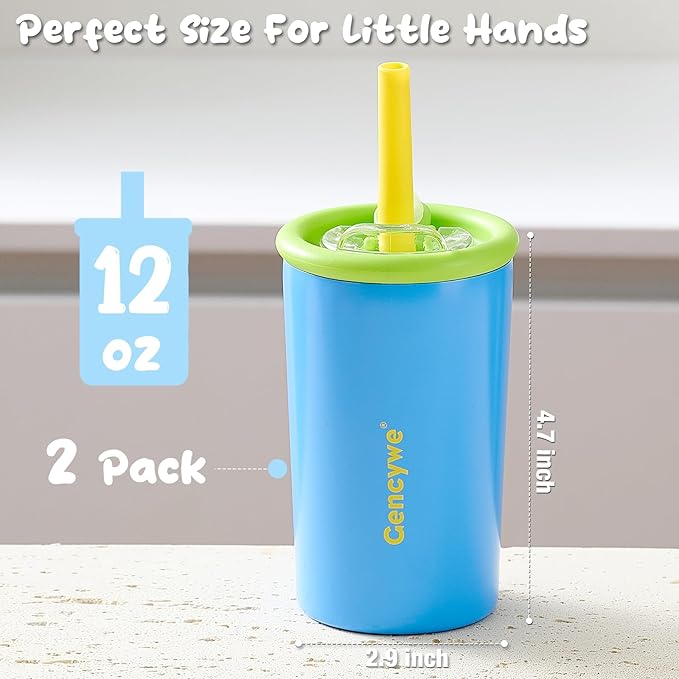 2 PACK Kids Double Walled Stainless Steel Cups with Straws and lids | 12 oz Spill-Proof Sippy Smoothie Tumbler Set, Small Kids Snack & Drink Water Cups, BPA-Free (Age: 3+ years old & up)